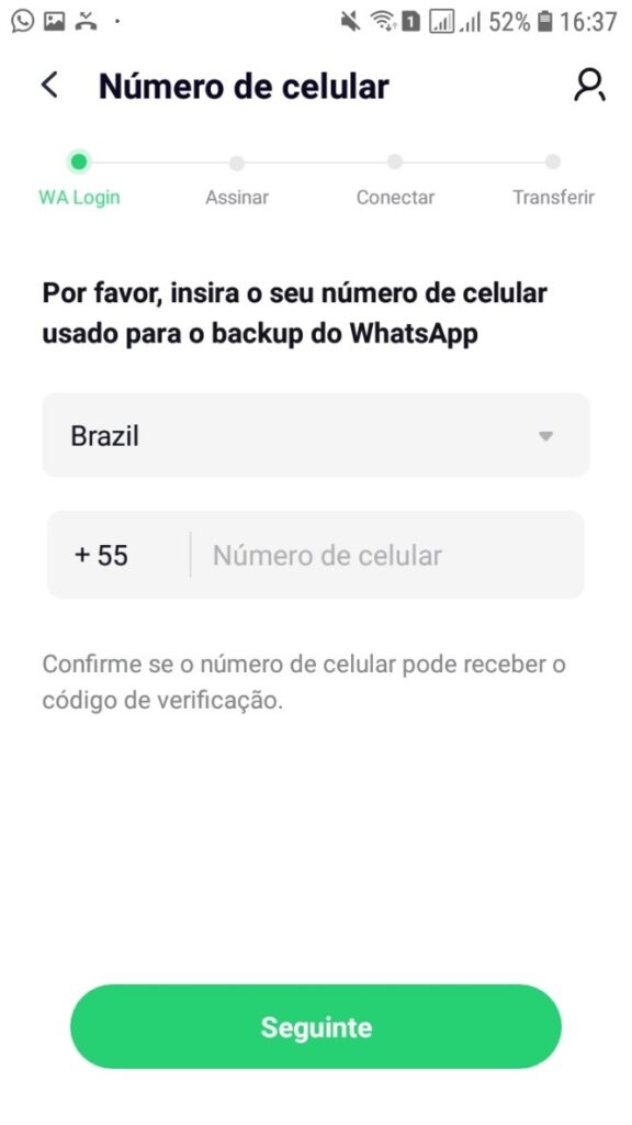 Confirmando o número do celular no Wutsapper 