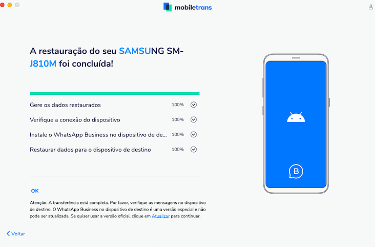 Finalizado o backup do WhatsApp do computador para o celular