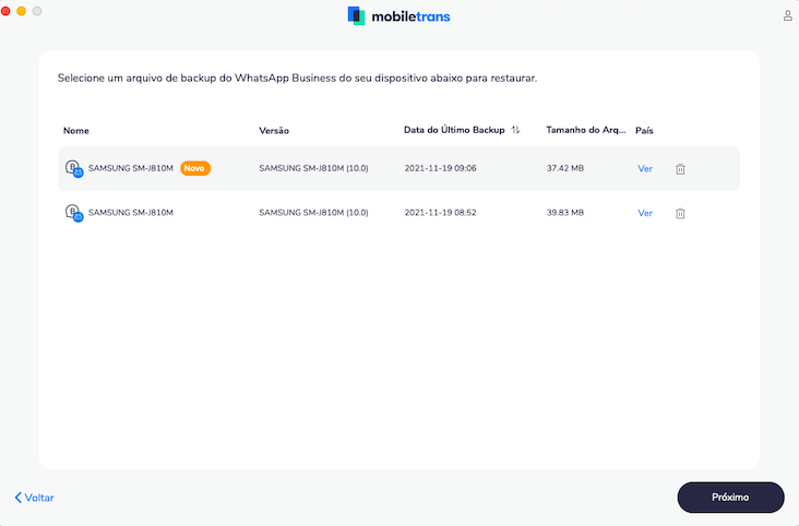 Selecionar de backup do WhatsApp para transferir para celular